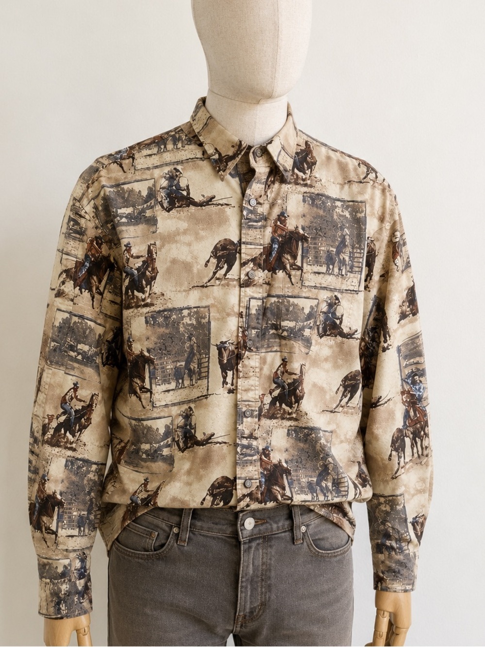 Bit & Bridle Western Cowboy Horse Print Button Up Shirt Men’s XL 90s 1546